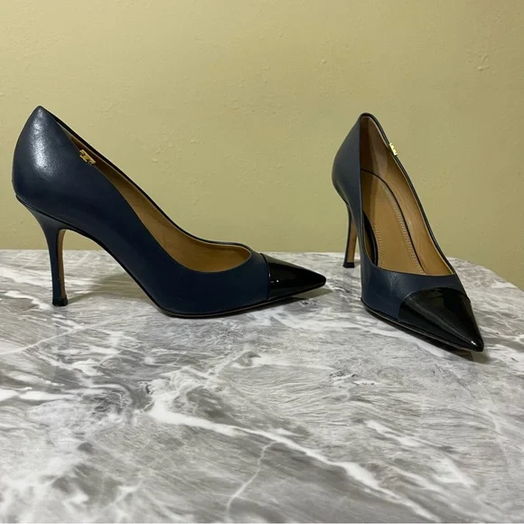 Tory Burch Penelope 85MM Cap Toe Pump Heels Size US 6 Ink Navy Perfect Black - Picture 7 of 15